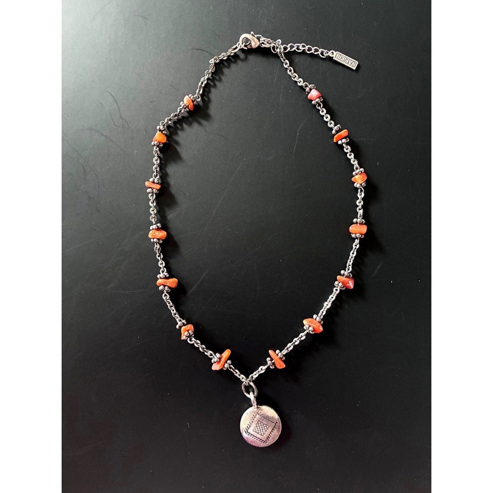 Napier Orange Stone Chip Bead Silver Tone Medallion Pendant Necklace 15-18" Exc